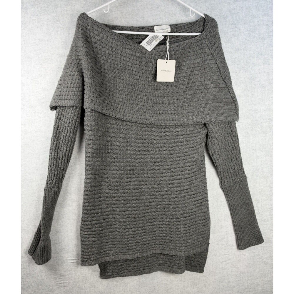 NWT Love + Harmony Off Shoulder Gray Pointelle Sweater Size Small High Low Hem